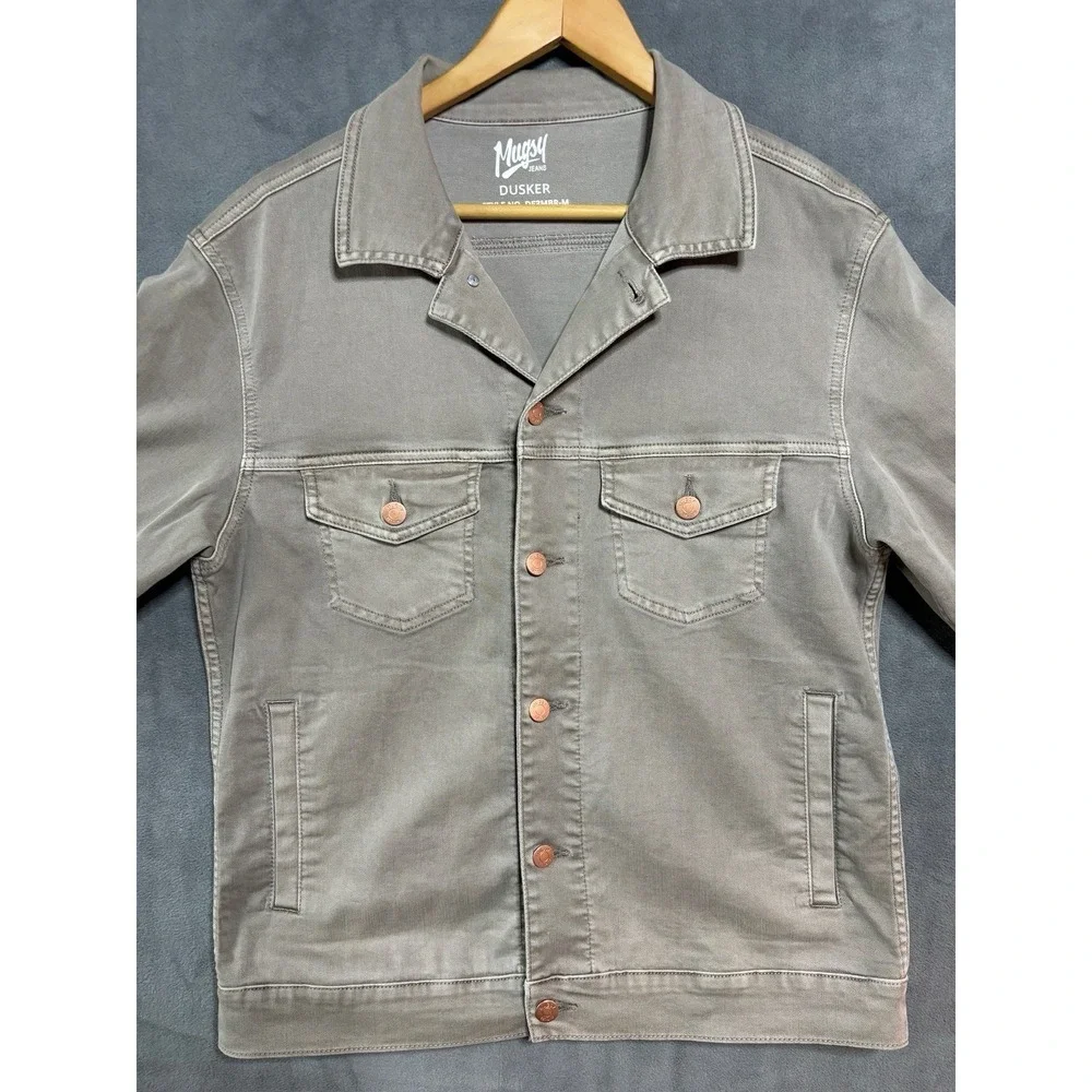 Mugsy Dusker Men's Med Jacket Stretch Denim Khaki Tan Button Up Front